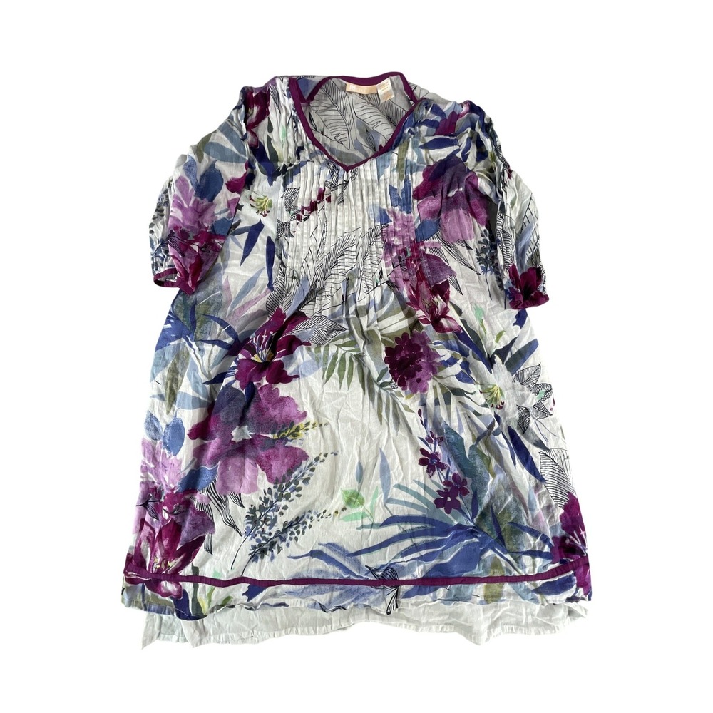 Cera Tunic Top Womens Large Purple Floral Print Pleated Lightweight Blouse Boho